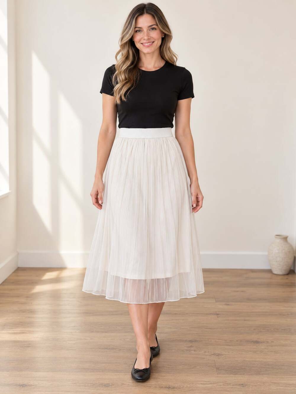 Metro Wear Pleated Midi Skirt Women M Ivory White Layered Mesh Lined Pull On